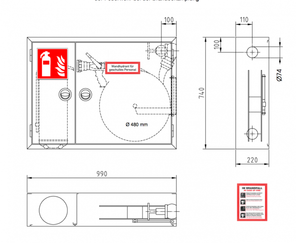 Wandhydrant Typ F DIN 14461-6 Flachschlauch mit Feuerlöscherkasten C-Schlauch